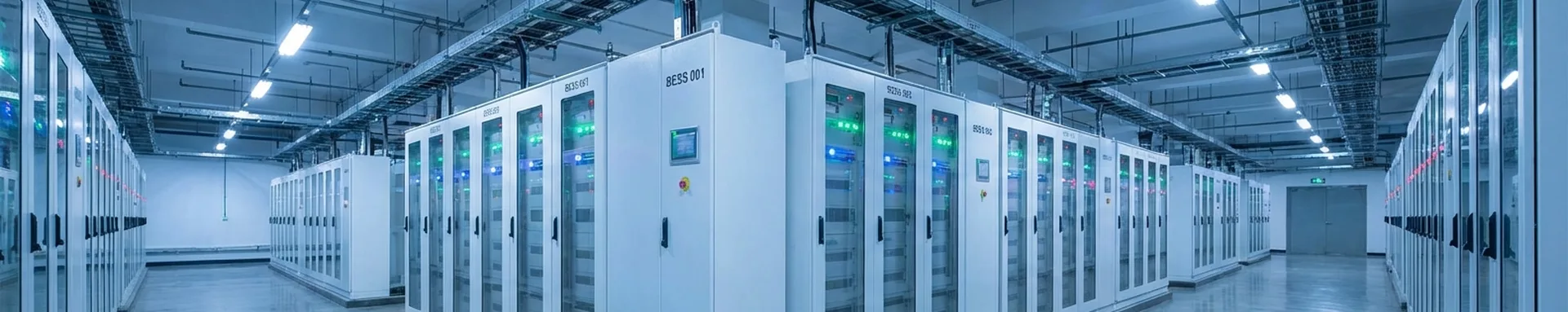 大型蓄電池コンテナが整列する施設