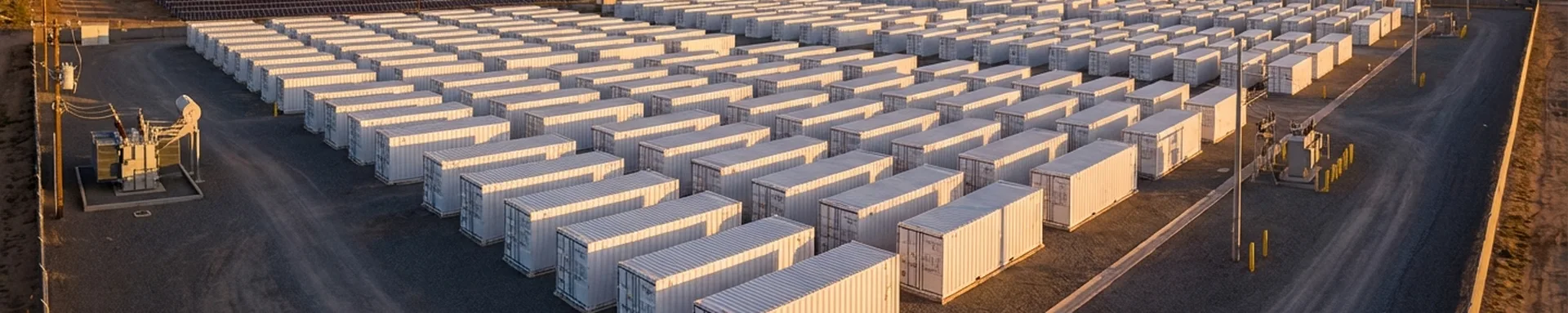 蓄電池施設とソーラーパネルが広がるエネルギーインフラ