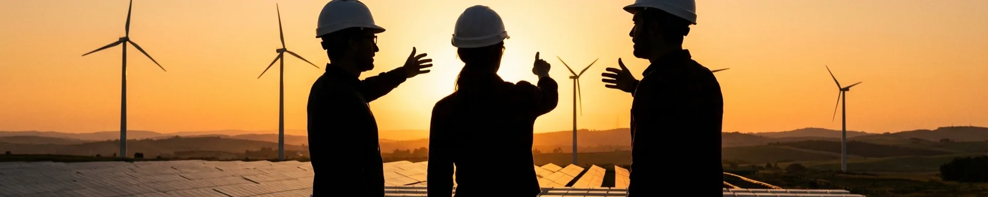 再生可能エネルギー施設の前に立つエンジニアたち