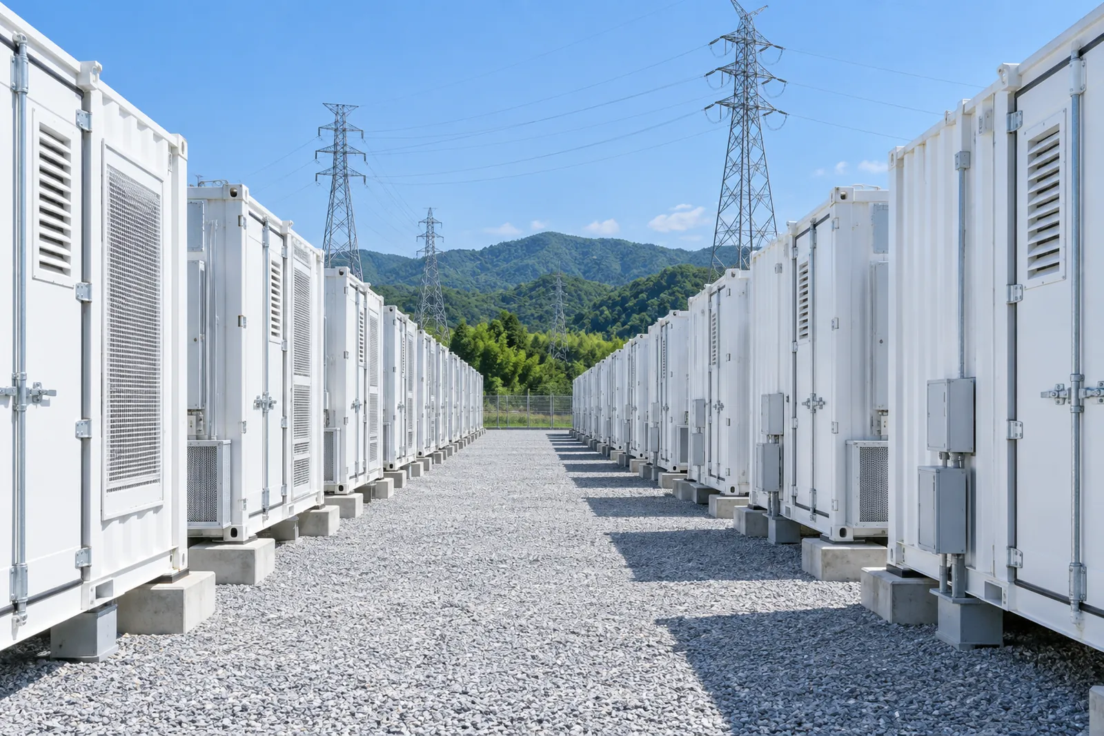 系統用蓄電池のコンテナ列と送電鉄塔